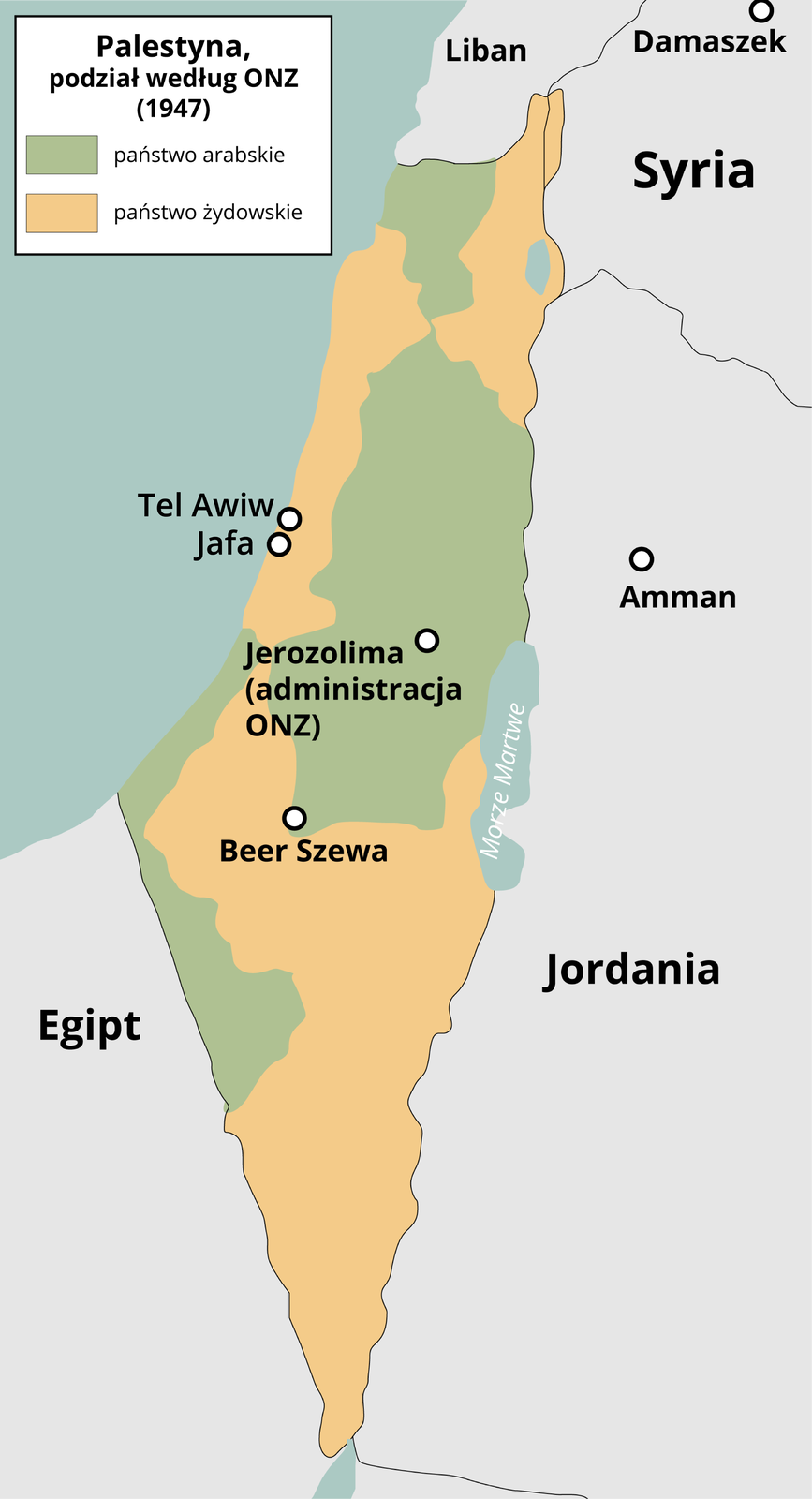 Palestyna, podział według ONZ w 1947 roku na państwo arabskie i państwo żydowskie. Państwo arabskie to teren obecnego Izraela jego centralna cześć z Jerozolimą, mniejsza na południowym zachodzie przy Morzu Śródziemnym oraz najmniejsza część na północy przy granicy z Libanem. Państwo żydowskie to pozostały teren obecnego Izraela, czyli południe z dojściem do Morza Martwego, zachodnia część przy morzu z miastami Tel Awiw i Jafa oraz częściowo północny teren przy granicy z Syrią.