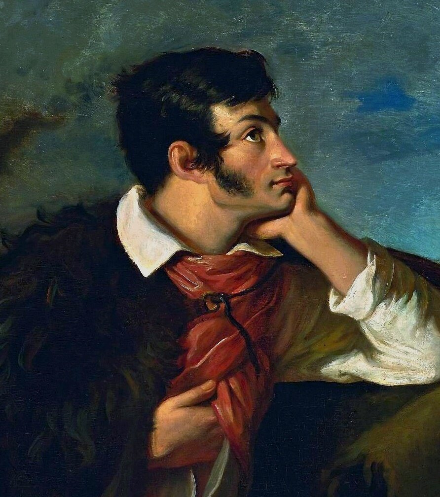 Obraz przedstawia postać młodego Adama Mickiewicza. Poeta wspiera swoją głowę na lewej ręce. Prawą rękę ma włożoną między poły koszuli. Jest ubrany w białą koszulę, pod szyją ma zawiązaną chustę, a na ramionach futrzany płaszcz. Jest zamyślony, spogląda w górę.