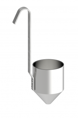 Na zdjęciu ukazano kubek wypływowy. To stalowe naczynie przypominające kształtem łyżkę wazową z wyostrzonym dnem.