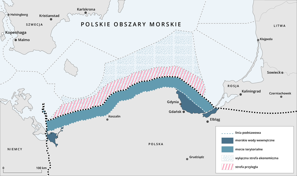 Na mapie polskiego wybrzeża zaznaczono morskie wody wewnętrzne - rejon Szczecina, Trójmiasta i Elbląga, morze terytorialne - pas morza najbliżej wybrzeża, graniczy on z pasem strefy przyległej, powyżej której jest wyłączna strefa ekonomiczna. Sięga ona we wschodniej części do wysokości Kłajpedy.   