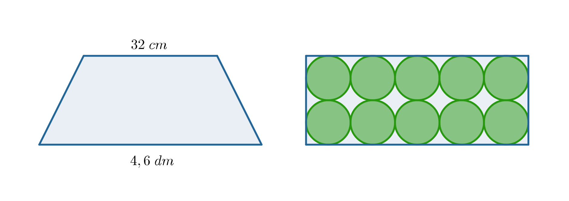 Rysunek trapezu równoramiennego i prostokąta. Trapez ma podstawy długości 32 cm i 4,6 dm oraz wysokość równą krótszemu bokowi prostokąta. W prostokącie umieszczone jest 10 kół po pięć w dwóch rzędach. Dłuższy bok prostokąta równy jest długości dziesięciu promieni kół, a krótszy bok prostokąta jest równy długości czterech promieni kół.