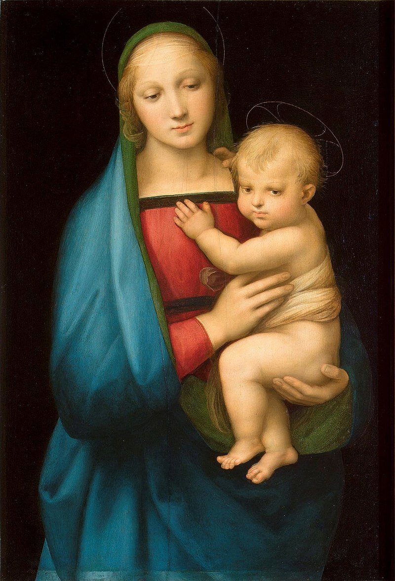 Na obrazie Madonna trzyma Dzieciątko. Madonna ubrana jest w niebiesko‑czerwoną suknię, ma długie, jasne włosy. Dzieciątko przedstawione jest jako małe, pulchne, nagie dziecko, owinięte tylko kawałkiem materiału. Ma jasne, krótkie włosy.