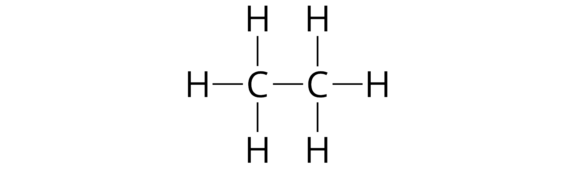 Ilustracja przedstawia wzór strukturalny etanu, na który składają się dwa atomy węgla i sześć atomów wodoru. Atomy węgla połączone są ze sobą wiązaniem pojedynczym, a ponadto do każdego atomu węgla przyłączone są po trzy atomy wodoru. Jeden z góry, jeden z dołu i jeden z boku od strony przeciwległej do sąsiadującego atomu węgla.