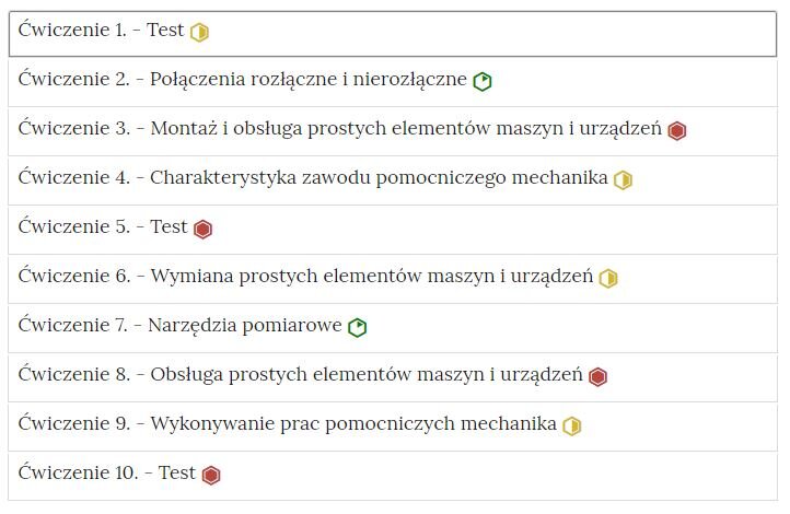 Widok zakładek zawierających interaktywne materiały sprawdzające