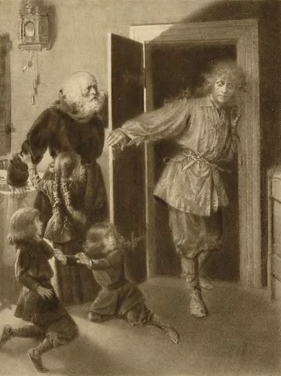 Obraz przedstawia wnętrze pokoju. Wchodzi do niego przez drzwi duch młodego człowieka, w prostym, wiejskim stroju.  Ma wytrzeszczone oczy. W pokoju znajduje się starszy ksiądz i trójka małych dzieci, które są przestraszone wejściem przybysza.