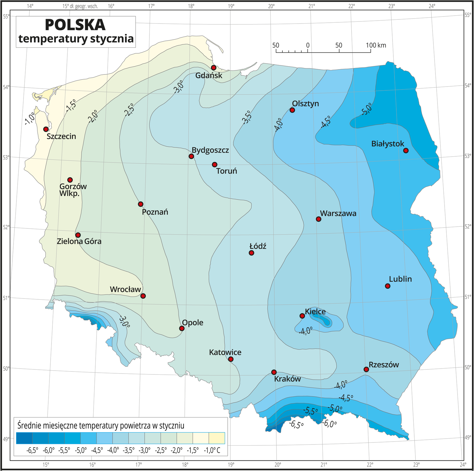 Ilustracja przedstawia mapę Polski. Na mapie kolorami zaznaczono średnie miesięczne temperatury powietrza w styczniu. Z lewej strony mapy kolor jest żółty, w kierunku wschodnim, w prawo i południowym, w dół mapy przechodzi w błękitny, dalej niebieski i ciemnoniebieski. Na izotermach opisano średnią miesięczną temperaturę stycznia co pół stopnia. Czerwonymi punktami zaznaczono miasta wojewódzkie. Mapa pokryta jest siatką równoleżników i południków. Dookoła mapy jest biała ramka, w której opisane są współrzędne geograficzne co jeden stopień. Poniżej mapy w legendzie umieszczono prostokątny poziomy pasek. Pasek podzielono na trzynaście kolorów. Z lewej strony ciemnoniebieskie do jasnoniebieskiego, środek błękitny, z prawej strony –seledynowy, kremowy i żółty. Każda część paska obrazuje półstopniowy przedział średniej miesięcznej temperatury powietrza w styczniu od minus sześć i pół stopnia Celsjusza – niebieskie do minus jeden stopnia Celsjusza – żółte, co pół stopnia.