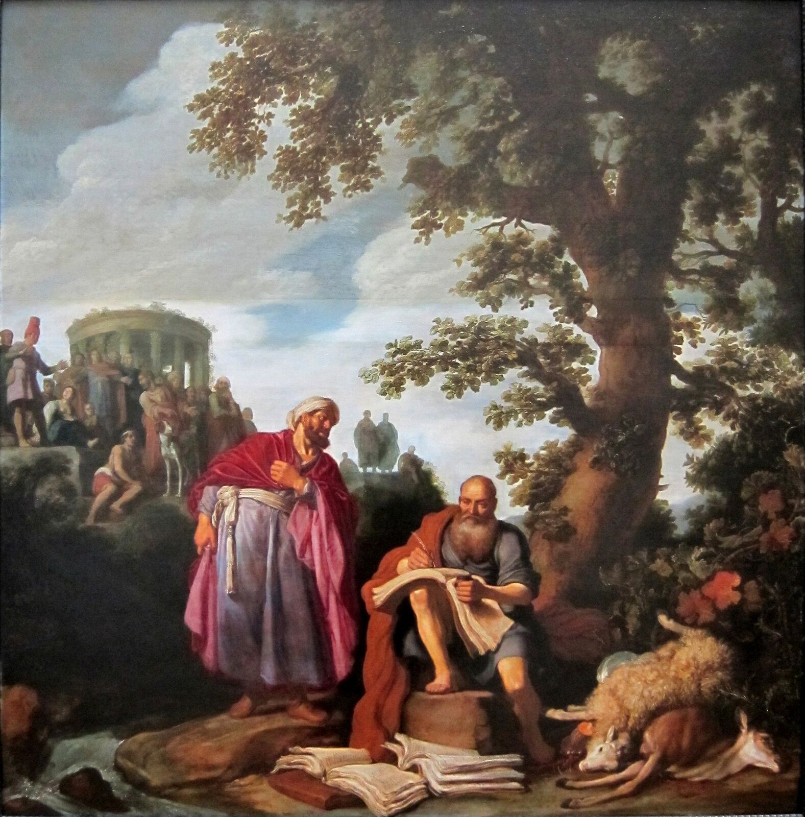 Ilustracja przedstawia pracę Pietera Lastmana pod tytułem „Hipokrates składa wizytę Demokrytowi. Na pierwszym planie znajdują się dwaj starsi mężczyźni. Jeden z nich (po lewej stronie) ubrany jest w niebieską szatę, czerwoną narzutę oraz biały turban, przygląda się drugiemu mężczyźnie siedzącego na kamieniu i tworzącego zapiski w księdze – łysemu, brodatemu starcowi, który ubrany jest w niebieską szatę oraz czerwoną narzutę. Obok mężczyzn widoczne są księgi, rzeka, oraz truchła zwierząt – owcy i sarny. Mężczyźni siedzą pod wysokim drzewem. W tle widoczni są ludzie siedzący na skarpie obok  kolumnowego budynku.  