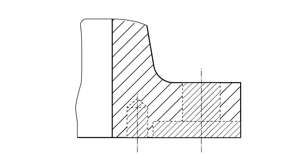 Na ilustracji przedstawione jest wypełnienie otworów i wnęk w surowym odlewnie. Fragment odlewu ma kształt litery L, z mocno zarysowanymi konturami odlewu. Cały odlew jest zakreskowany, natomiast wewnątrz znajdują się również zakreskowane elementy. Wewnętrze elementy mają mniejsze odstępy między kreskami. Pierwszym elementem jest prostokąt zakończony trójkątem, który przedstawia gwint. Drugim elementem jest długi wąski prostokąt na którym ustawiony jest kwadrat. 