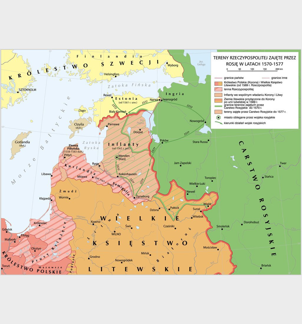 Grafika mapy przedstawiającej tereny Rzeczpospolitej zajęte przez Rosję w latach 1570-1577.