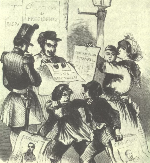 Kliknij żeby powiększyć Rysunek satyryczny na którym przedstawiono kampanię wyborczą Napoleona i Cavaignaca, opublikowaną w Illustrierte Zeitung. W środku ilustracji mężczyzna oglądający plakat wyborczy wraz z żołnierzem francuskim, który stoi tyłem. Kobieta z dzieckiem na rękach pokazuje obwieszczenie wyborcze. Przed nimi dwóch chłopców, każdy z nich z plakatem innego kandydata. Szarpią się.