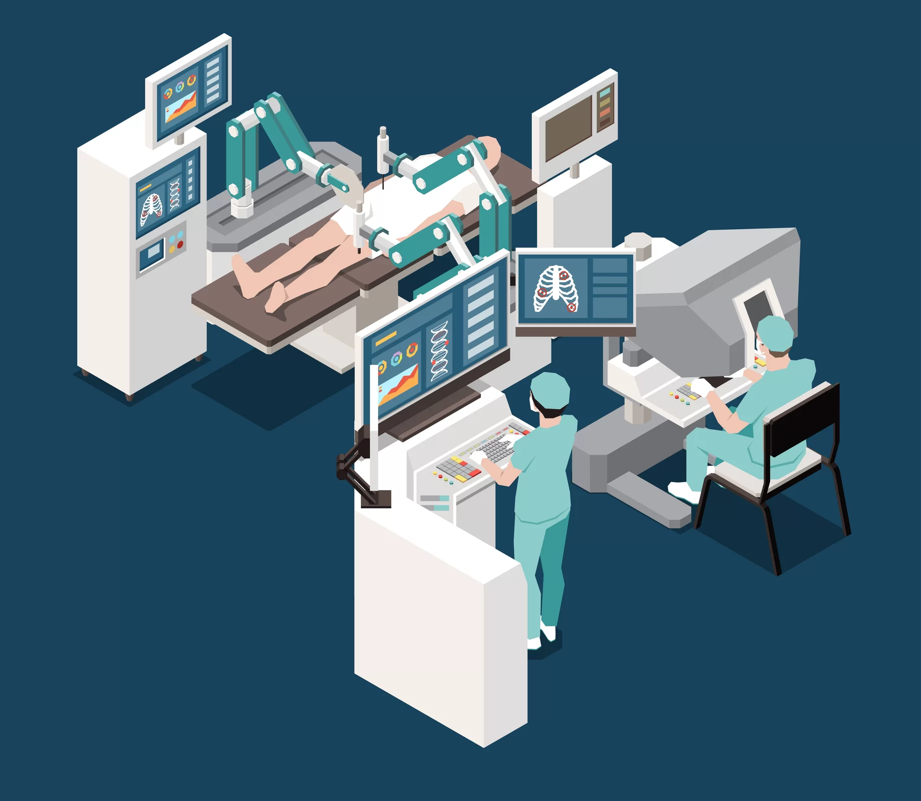 Na grafice jest widok z góry na operację. Pacjent leży i operuje go robot, złożony z metalowych ramion i komputera. Obok przy monitorach są lekarze, którzy monitorują pracę maszyny.