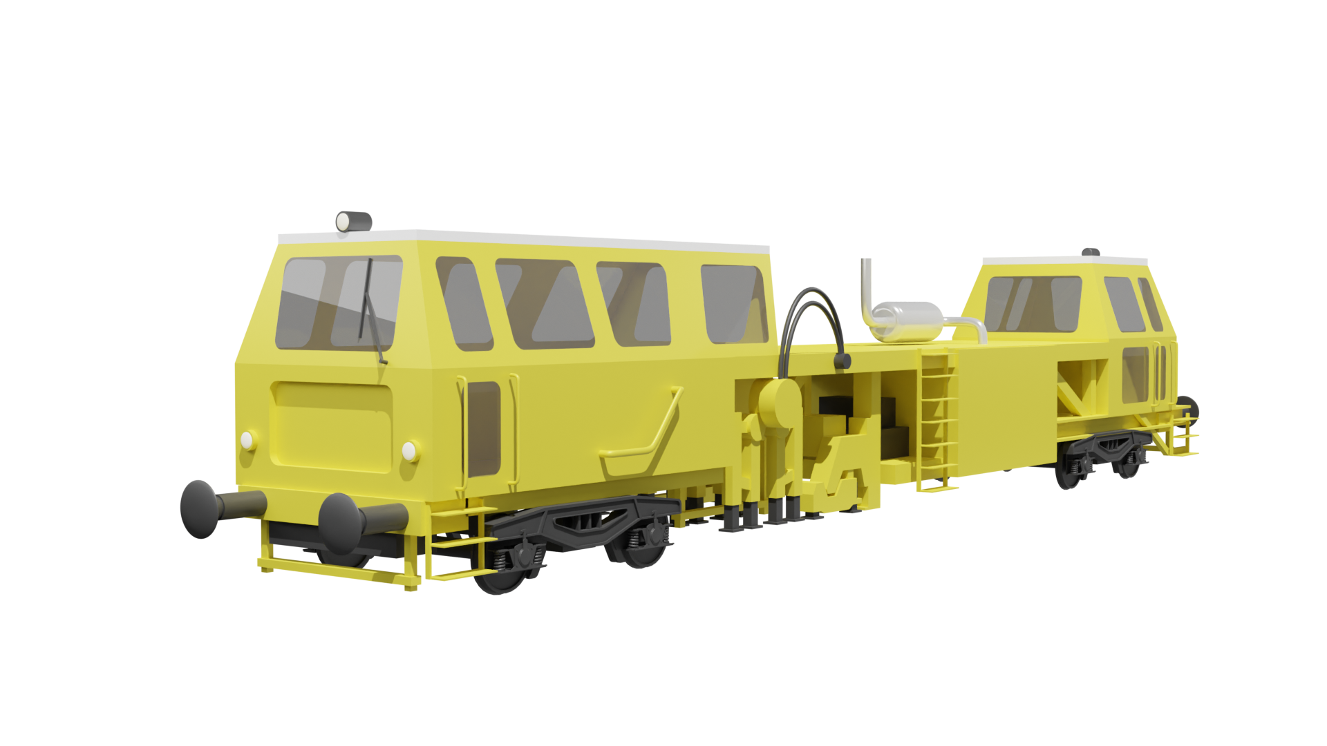 Grafika przedstawia podbijarkę toru em de zero siedem myślnik trzydzieści dwa. Z przodu i z tyłu znajdują się kabiny, a pomiędzy nimi płaskie obniżenie.