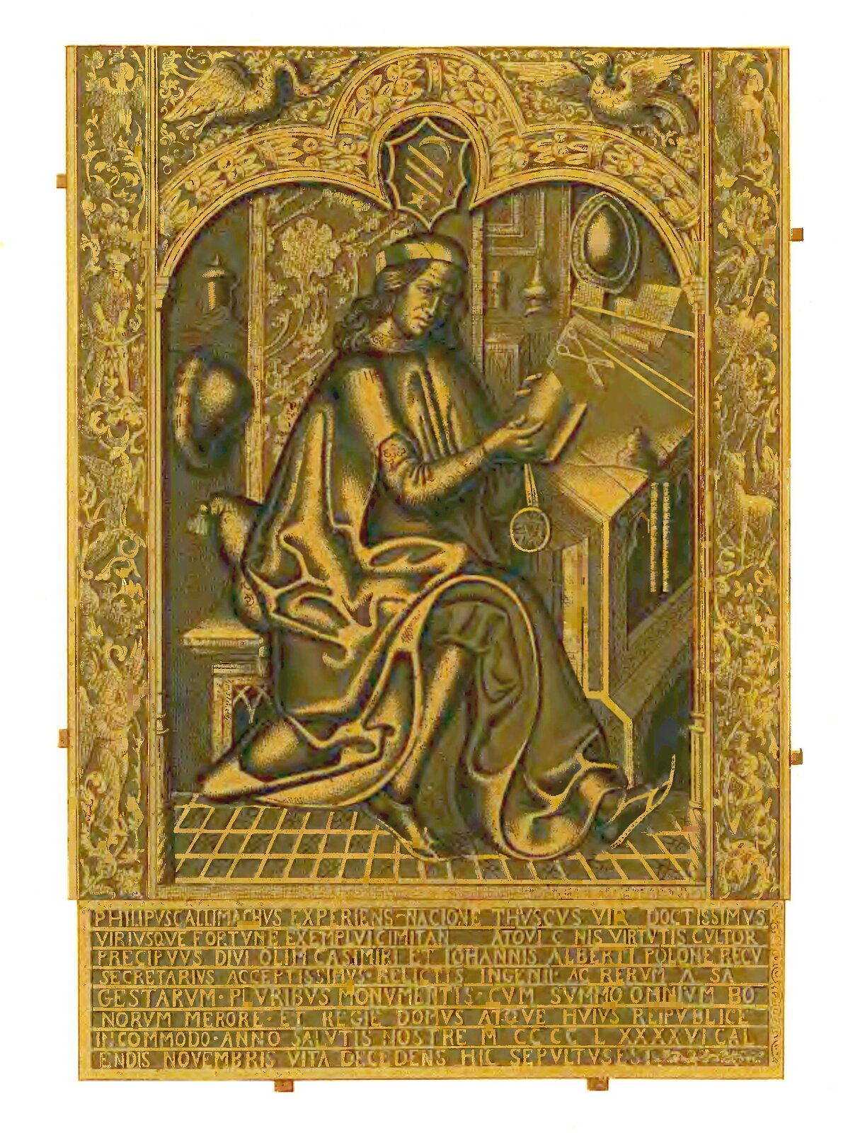 Praca Wita Stwosza przedstawia wizerunek Kalimacha, który jest w trakcie pracy i siedzi przy pulpicie. Kalimach został przedstawiony jako mężczyzna w średnim wieku, o długich włosach, ubrany jest w długą szatę, w dłoniach trzyma księgę. W tle widoczne są nożyce, kałamarz oraz inne przedmioty potrzebne do tworzenia zapisków. 