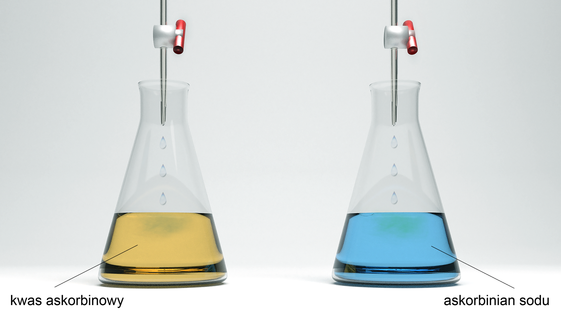 Ilustracja przedstawiająca dwie kolby stożkowe, do których wnętrza skierowane są kraniki biuret. W kolbie znajdującej się po lewej stronie znajduje się kwas askorbinowy w obecności wskaźnika, który powoduje żółte zabarwienie roztworu. Z kolei w kolbie znajdującej się po prawej stronie znajduje się niebieski roztwór askorbinianu sodu w obecności wskaźnika.