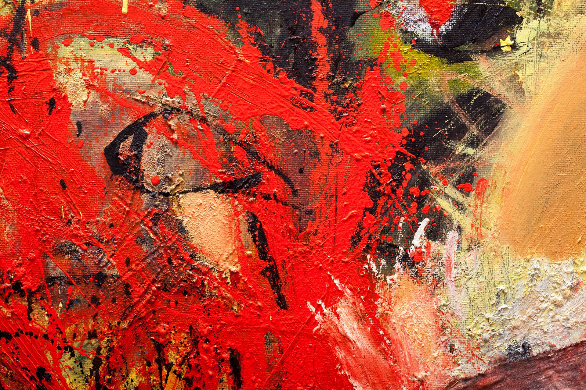 Ilustracja przedstawia obraz, na którym widać nieregularnie pozostawione plamy wykonane pędzlem. Pociągnięcia są nieregularne. Połowa obrazu ma kolor czerwony, na którym są pociągnięcia pędzlem w różnych barwach. Druga część to pociągnięcia pędzlem o różnych barwach i wielkości.