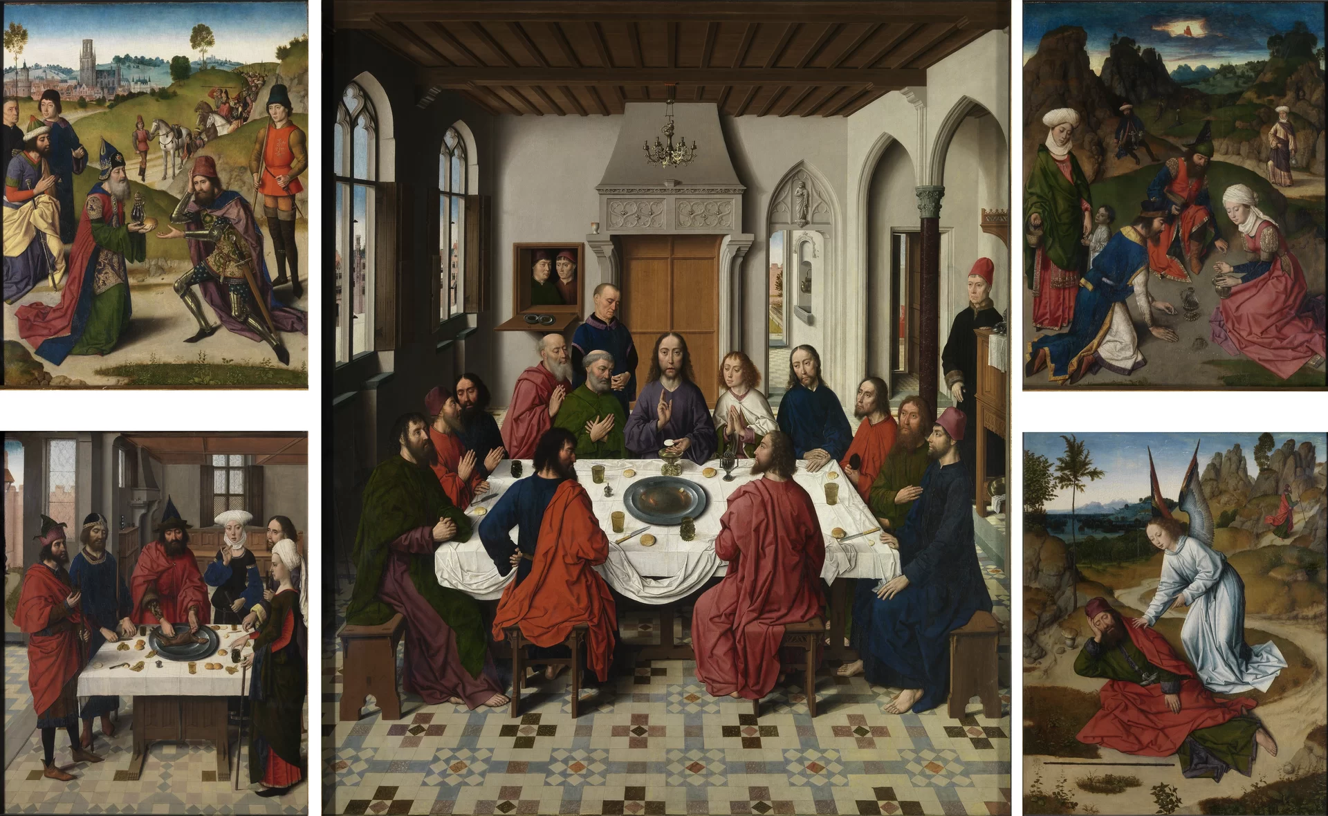 Ilustracja o kształcie poziomego prostokąta przedstawia dzieło Dirka Boutsa „Ołtarz Eucharystii”. Ukazuje pięć obrazów. W środku największy, kwadratowy  przedstawia wnętrze z nowotestamentową  sceną Ostatniej Wieczerzy, a cztery prostokątne boczne i mniejsze (dwa z prawej i dwa z lewej strony, ułożone jeden nad drugim), nawiązują do Starego Testamentu. Pierwszy po lewej, u góry przedstawia króla Szalemu podającego  Abrahamowi chleb i naczynie z winem. W tle w krętej dolinie czeka Armia Melchizedeka.  Drugi obraz ukazuje Jahwe polecającego Żydom, spożycie baranka przed odbyciem drogi. Wszyscy siedzą za zastawionym stołem. Po prawej u góry przedstawiona jest scena zbierania manny. Postacie ukazane są na tle pejzażu, a u góry między chmurami został przedstawiony Jahwe. Dolna, prawa scena przedstawia  anioła, który budzi Eliasza, aby spożył posiłek. 