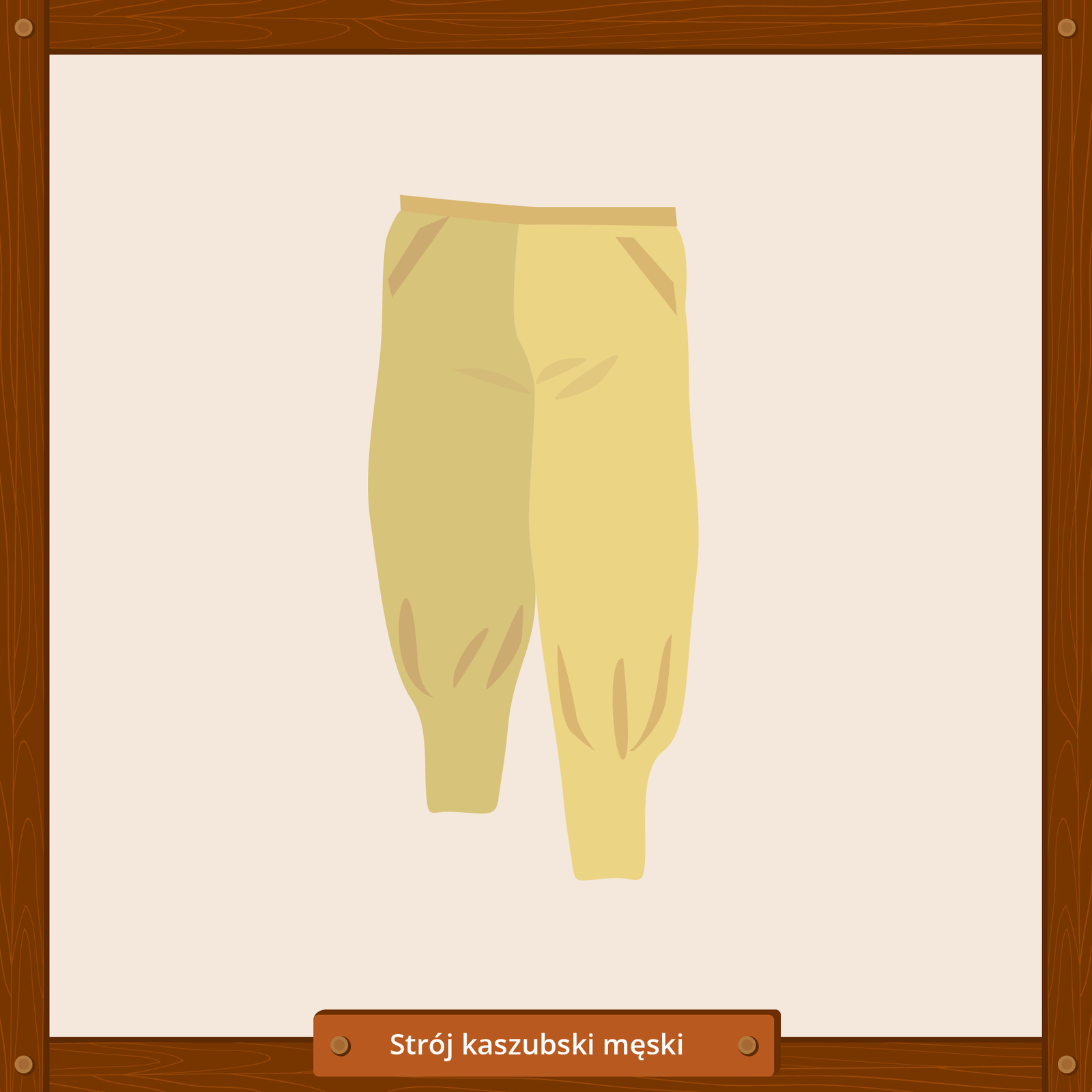 Ilustracja przedstawia element stroju kaszubskiego męskiego, jakim są długie beżowe spodnie.