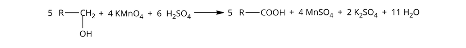 Ilustracja przedstawiająca równanie reakcji alkoholi pierwszorzędowych z manganianem(siedem) potasu w środowisku kwasowym. Pięć cząsteczek alkoholu zbudowanego z podstawnika R związanego z grupą metylenową C H indeks dolny, dwa, koniec indeksu dolnego, która to łączy się z grupą hydroksylową O H. Dodać cztery cząsteczki K M n O indeks dolny, cztery, koniec indeksu dolnego. Dodać sześć cząsteczek H indeks dolny, dwa, koniec indeksu dolnego, S O indeks dolny, cztery, koniec indeksu dolnego. Strzałka w prawo, za strzałką pięć cząsteczek kwasu karboksylowego składającego się z podstawnika R oraz grupy karboksylowej C O O H. Dodać cztery cząsteczki M n S O indeks dolny, cztery, koniec indeksu dolnego. Dodać dwie cząsteczki K indeks dolny, dwa, koniec indeksu dolnego, S O indeks dolny, cztery, koniec indeksu dolnego. Dodać jedenaście cząsteczek wody.
