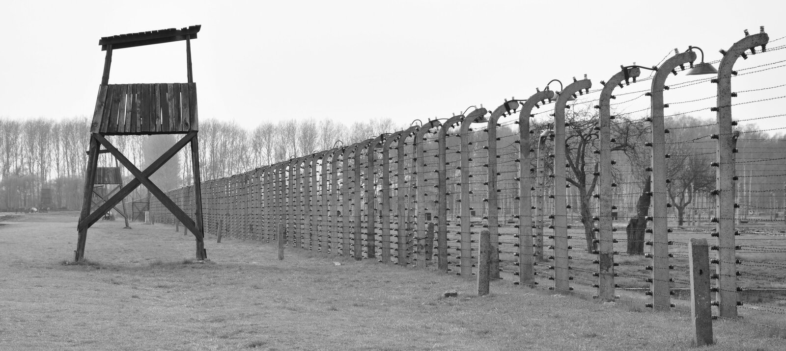 Na czarno‑białym zdjęciu znajduje się drewniana wieża obserwacyjna. Z prawej strony teren jest ogrodzony wysokim kolczastym drutem. Przed nim stoją betonowe słupki w pewnych odległościach. Za ogrodzeniem rosną drzewa. W dali jest widoczny las.