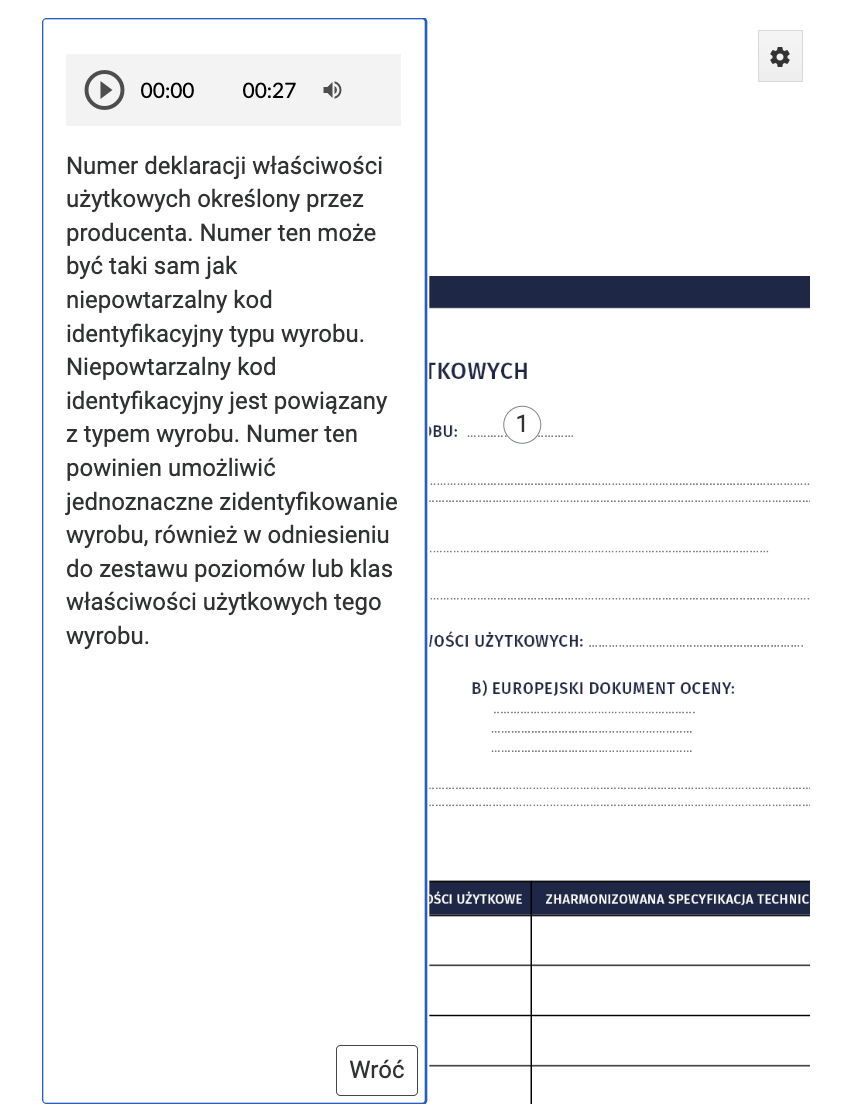 Ilustracja kliknięty interaktywny punkt planszy. Widoczna jest dodatkowa treść, czytana przez lektora. 