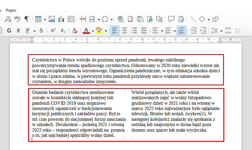 Ilustracja przestawia fragment dokumentu w programie  LibreOffice Writer . W górnym pasku widoczne są ikonki programu. Tekst jest podzielony na dwa akapity. Pierwszy akapit znajduje się w jednej kolumnie, drugi podzielony jest na dwie kolumny. Oba akapity znajdują się w oddzielnych, czerwonych ramkach. 