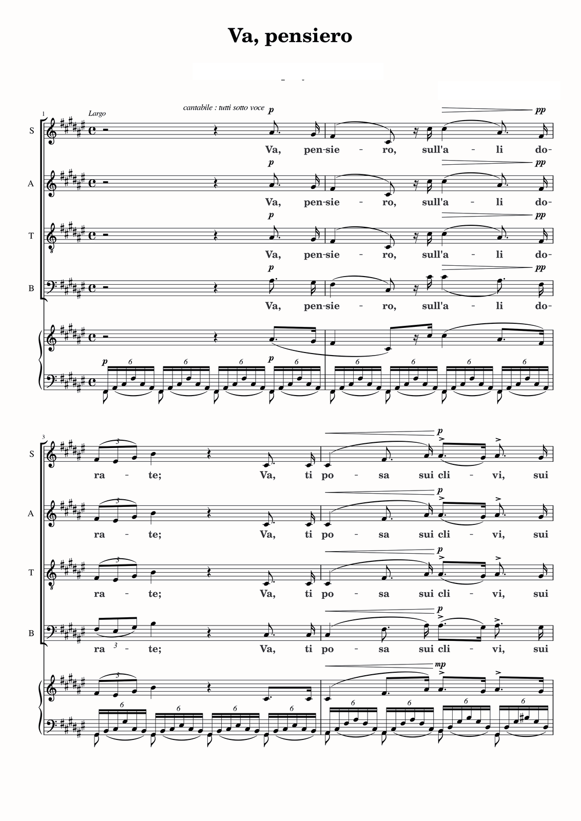 Partytura do utworu „Va pensiero” [czytaj: wa pensjero], takty 1‑4