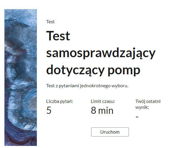 Grafika przedstawia przykładowy wygląd panelu testu. Składa się on z tytułu testu, informacji o liczbie pytań, czasie, w którym należy rozwiązać test, oraz o ostatnim uzyskanym wyniku. Poniżej widać przycisk Uruchom.