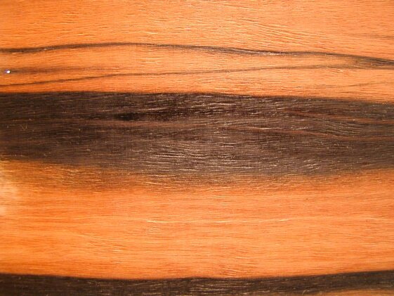 Zdjęcie przedstawia heban. Widoczne jest jasnobrązowo‑pomarańczowe drewno z ciemnobrązowymi  poziomymi słojami.