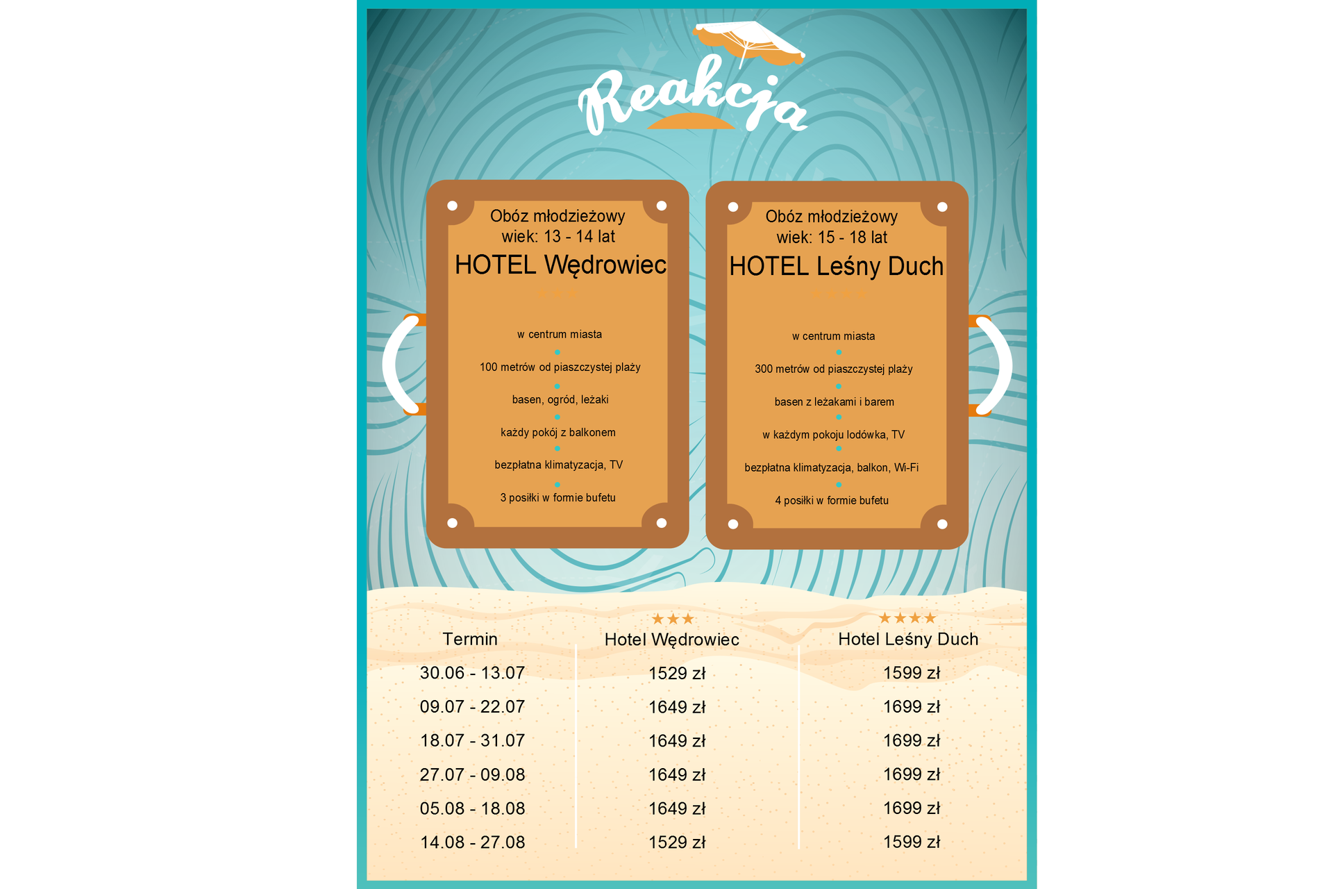 Rysunek kartki z wakacyjną ofertę biura podróży REAKCJA.