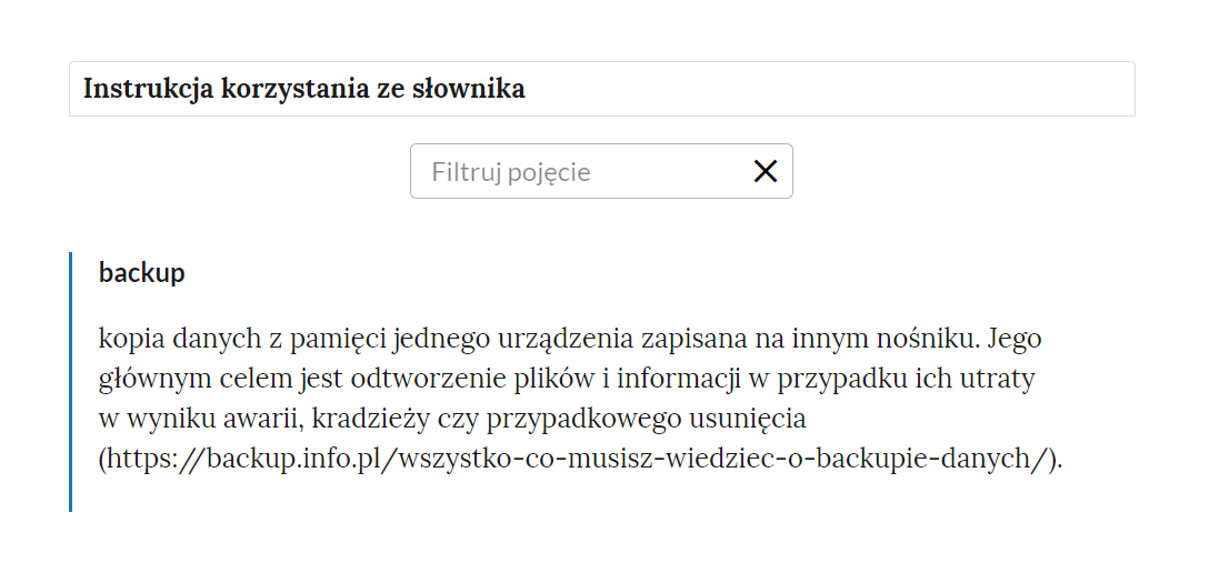 Widok na górną część słownika