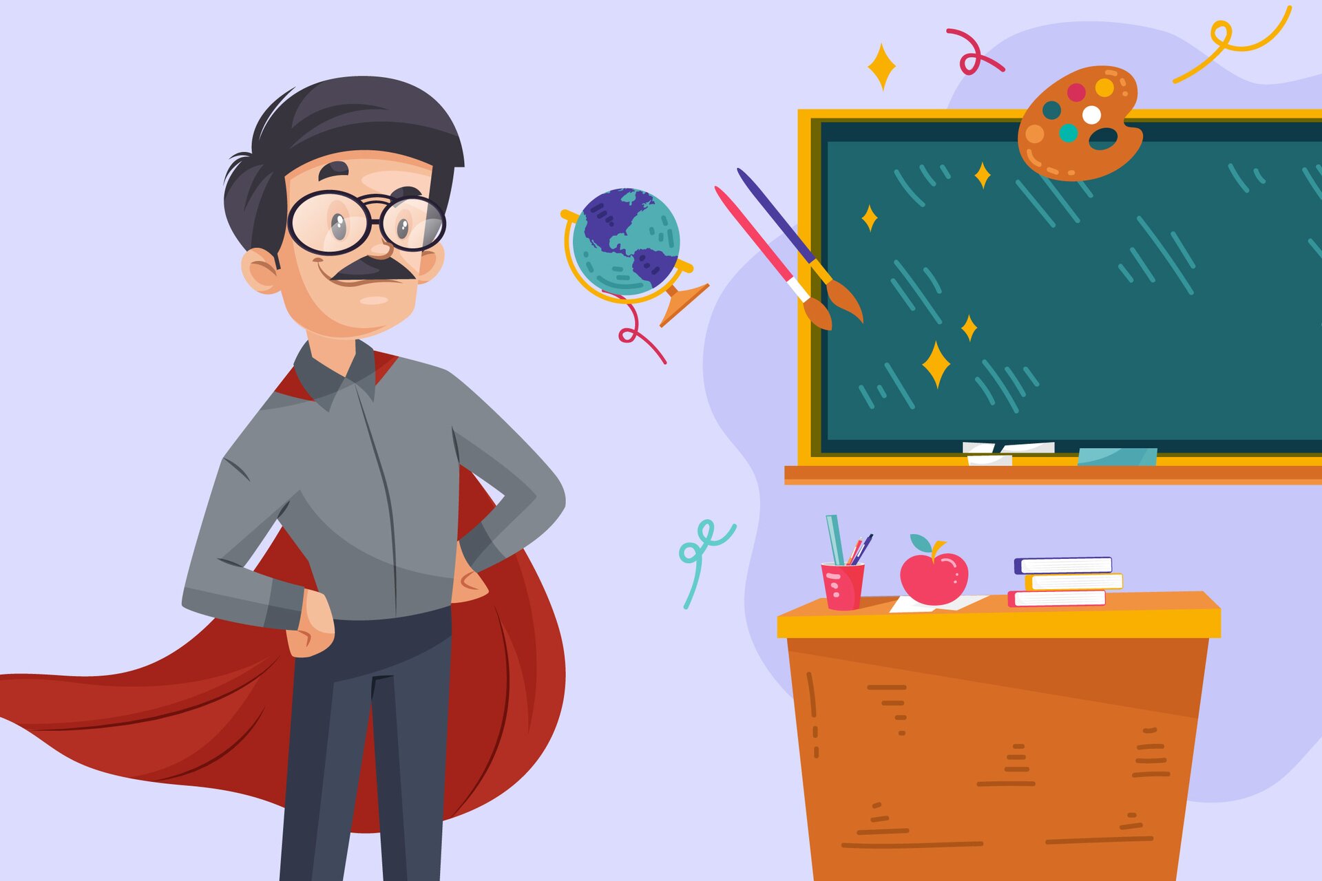 Grafika przedstawia postać mężczyzny w okularach oraz pelerynie powiewającej na jego plecach. Postać stoi w pomieszczeniu gdzie na ścianie wisi tablica, a przed nią stoi biurko z książkami.