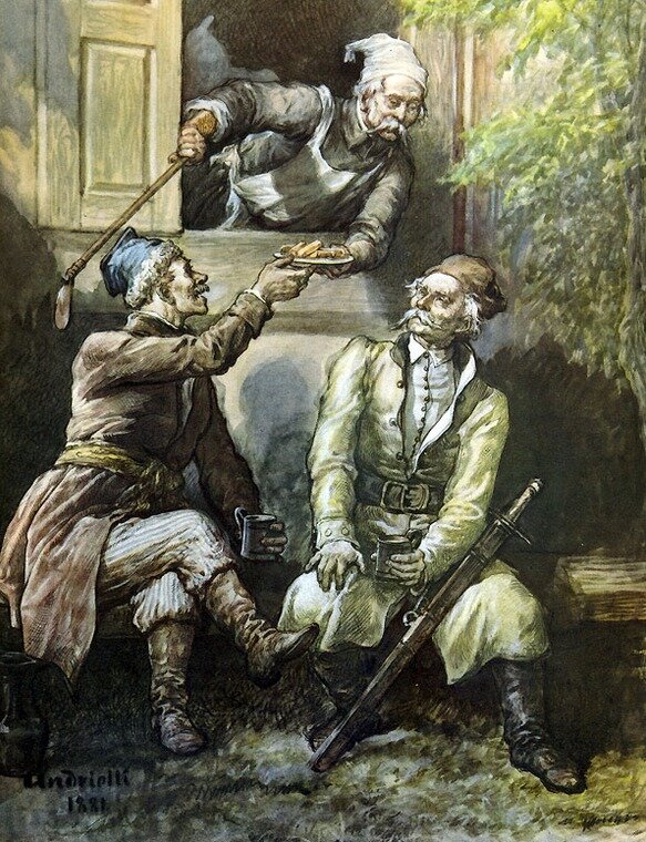 Obraz przedstawia dwóch mężczyzn siedzących pod ścianą domu, trzeci, kucharz, w białym fartuchu i czapce, wychyla się przez okno, podając talerz z jedzeniem. Siedzący mężczyźni są szlachcicami, noszą kontusze, przepasane szerokimi pasami, buty z cholewami i czapki. W rękach trzymają kufle. Jeden z nich oparł o nogę szablę. Mężczyzna po lewej stronie odbiera od kucharza talerz z jedzeniem. W ręce trzyma packę na muchy. Mężczyźni są w starszym wieku, wszyscy trzej mają sumiaste wąsy.