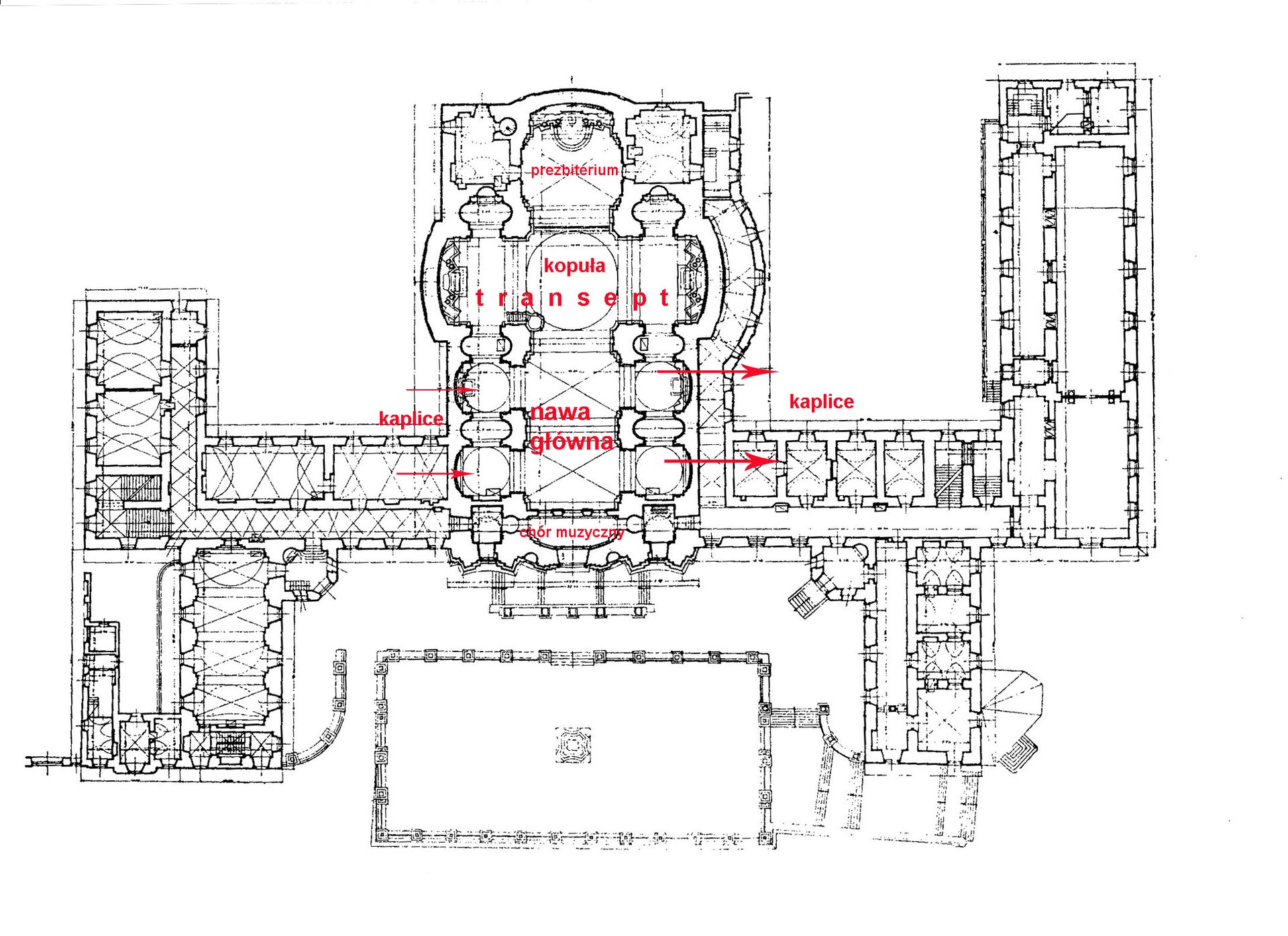 Ilustracja przedstawia plan Kolegium pojezuickiego w Krzemieńcu. Na grafice są zaznaczone elementy budowli: prezbiterium, kopuła, transept, nawa główna, kaplice, chór muzyczny.