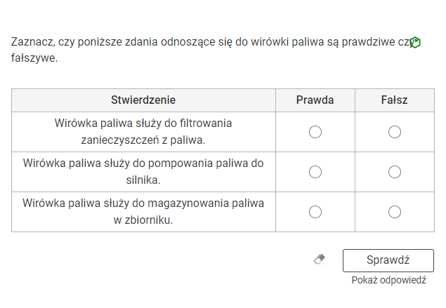 Zdjęcie przedstawia przykładowe zadanie. W górnej części zadania znajduje się polecenie. Pod poleceniem widać treść zadania z odpowiedziami do wyboru. Po prawej stronie polecenia widać zielony sześciokąt. Poniżej zadania, po prawej stronie panelu znajduje się ikona sprawdź. Po jej lewej stronie widać symbol gumki. Poniżej przycisku sprawdź znajduje się napis pokaż odpowiedź.