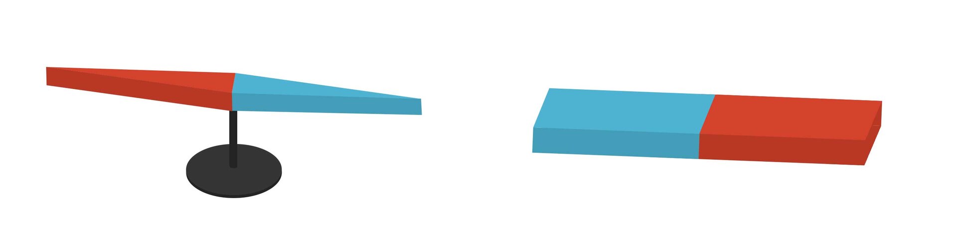 Zdjęcie z lewej strony przedstawia igłę magnetyczną. Ma ona kształt dwóch połączonych ze sobą trójkątów, jednego czerwonego i jednego niebieskiego, a z prawej strony magnes sztabkowy, który z kolei ma kształt dwóch połączonych ze sobą prostokątów, jednego niebieskiego i jednego czerwonego.