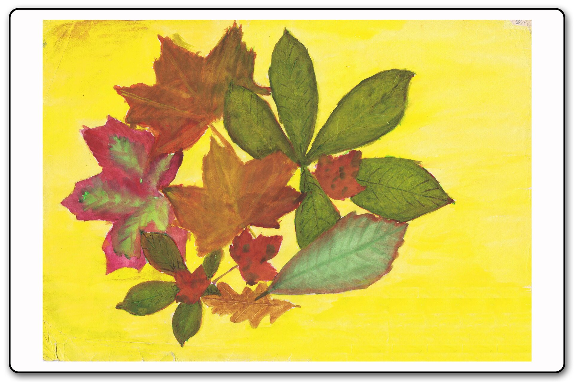 Ilustracja 4 galerii prac plastycznych uczniów. Ilustracja przedstawia jesienne liście namalowane farbami.