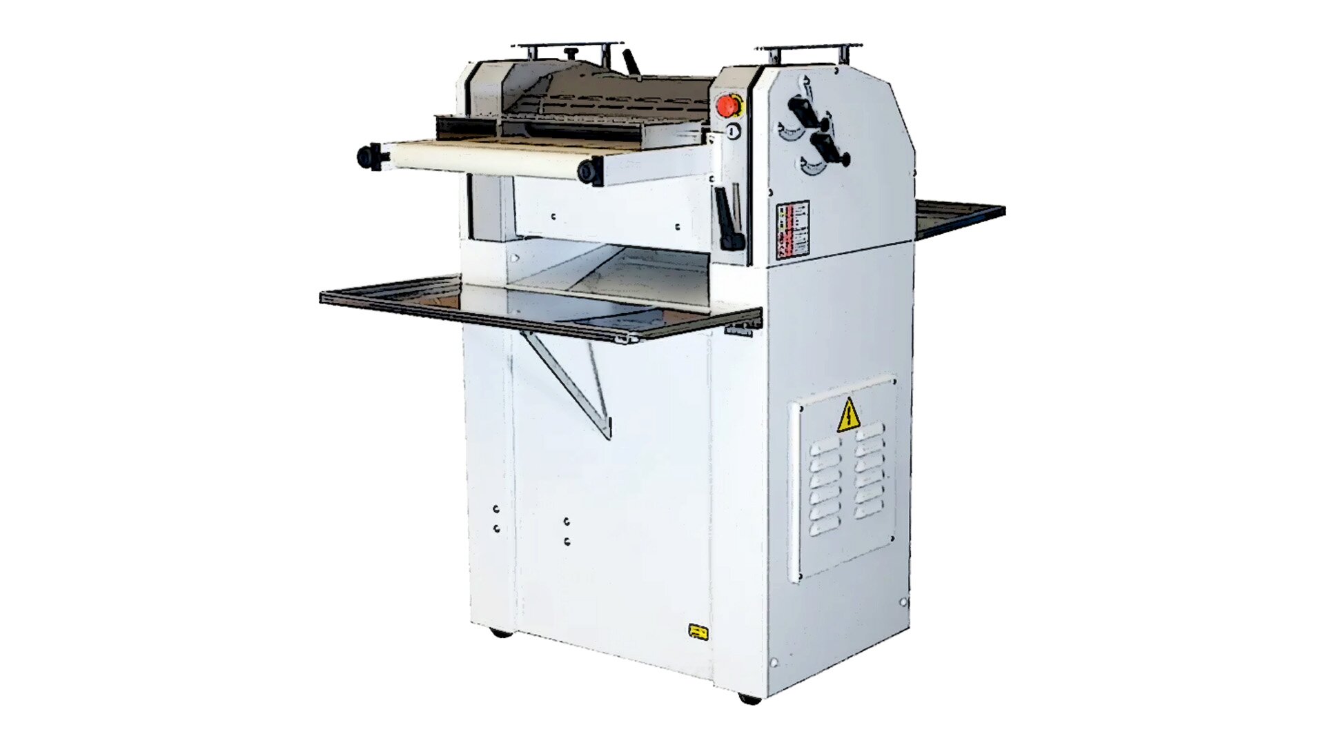 Zdjęcie przedstawia rogalikarkę na białym tle. Maszyna koloru białego ustawiona jest pod skosem. Z przodu w jej górnej części możemy zauważyć dwa blaty. Pierwszy czarny znajduje się w połowie wysokości maszyny, a drugi szerszy biały na samej górze. Nad czarnym blatem widoczna jest pusta przestrzeń w środku maszyny. Po prawej stronie od górnego blatu możemy zauważyć czerwony grzybek bezpieczeństwa. Po prawej stronie maszyny w dolnej części znajduje wypukły fragment metalu z otworami odpowietrzającymi, a nad nim znajduje się żółty trójkąt ostrzegawczy z czarną błyskawicą. W górnej części z tyłu maszyny możemy zauważyć czarny wystający blat roboczy.