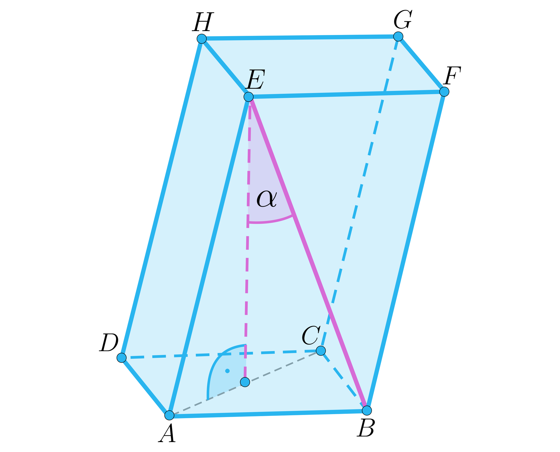 Ilustracja przedstawia graniastosłup pochyły A B C D E F G H. Zaznaczono na nim kąt między wysokością a przekątną ściany bocznej graniastosłupa.