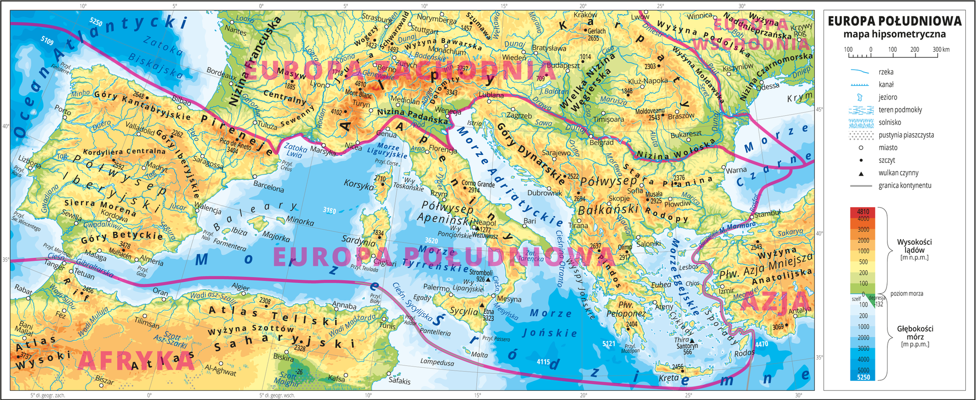 Ilustracja przedstawia mapę hipsometryczną południowej części Europy, północnej części Afryki i fragmentu Azji. W obrębie lądów występują obszary w kolorze zielonym, żółtym, pomarańczowym i czerwonym. Morza zaznaczono kolorem niebieskim. Na mapie opisano nazwy wysp, półwyspów, nizin, wyżyn i pasm górskich, mórz, zatok, rzek i jezior. Oznaczono i opisano główne miasta. Oznaczono czarnymi kropkami i opisano szczyty górskie. Czerwonymi liniami zaznaczono granice między poszczególnymi częściami Europy i opisano ich nazwy. W centralnej części mapy znajduje się Europa Południowa. Mapa pokryta jest równoleżnikami i południkami. Dookoła mapy w białej ramce opisano współrzędne geograficzne co pięć stopni. W legendzie przedstawiono i opisano znaki użyte na mapie.