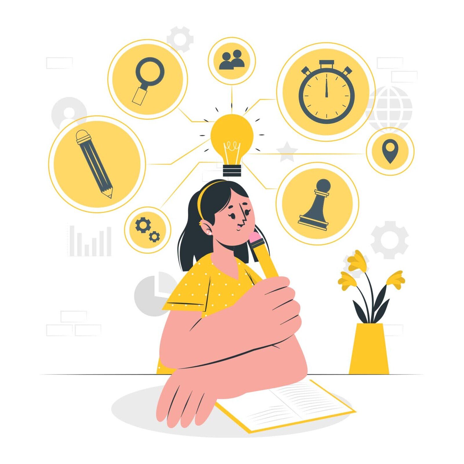 Grafika przedstawia dziewczynę siedzącą przy biurku z ołówkiem w prawej ręce i lewą ręką opartą na otwartym zeszycie. Nad głową dziewczyny widoczna jest świecąca się żarówka, od której odchodzi siedem odnóg zakończonych żółtymi kółkami. W kółkach widoczne są: śrubki, ołówek, lupa, dwie osoby, budzik, punkt lokalizacyjny i pionek szachowy.  