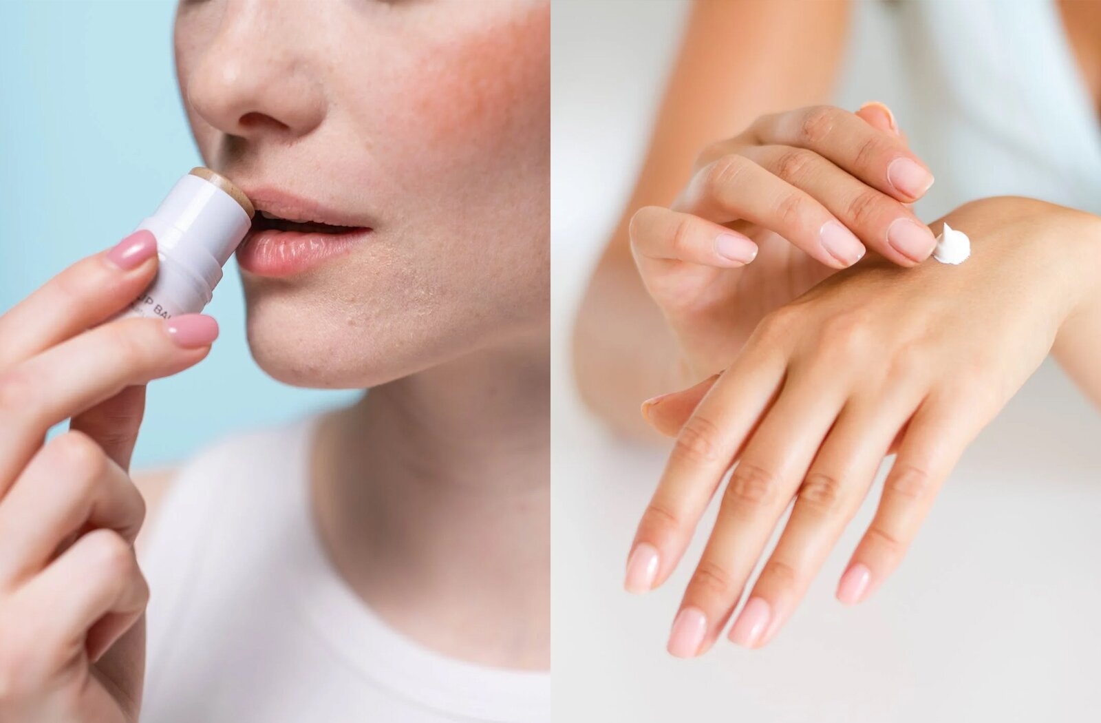 Ilustracja składa się z dwóch zdjęć. Na zdjęciu po lewej stronie widoczny jest fragment twarzy kobiety, oraz prawa dłoń trzymająca bezbarwną pomadkę, która dotyka ust. Na zdjęciu po prawej stronie widoczne są kobiece dłonie. Prawa dłoń jest zawieszona w powietrzu, a palce lewej dłoni dotykają kropli białego kremu, która znajduje się prawym śródręczu.  