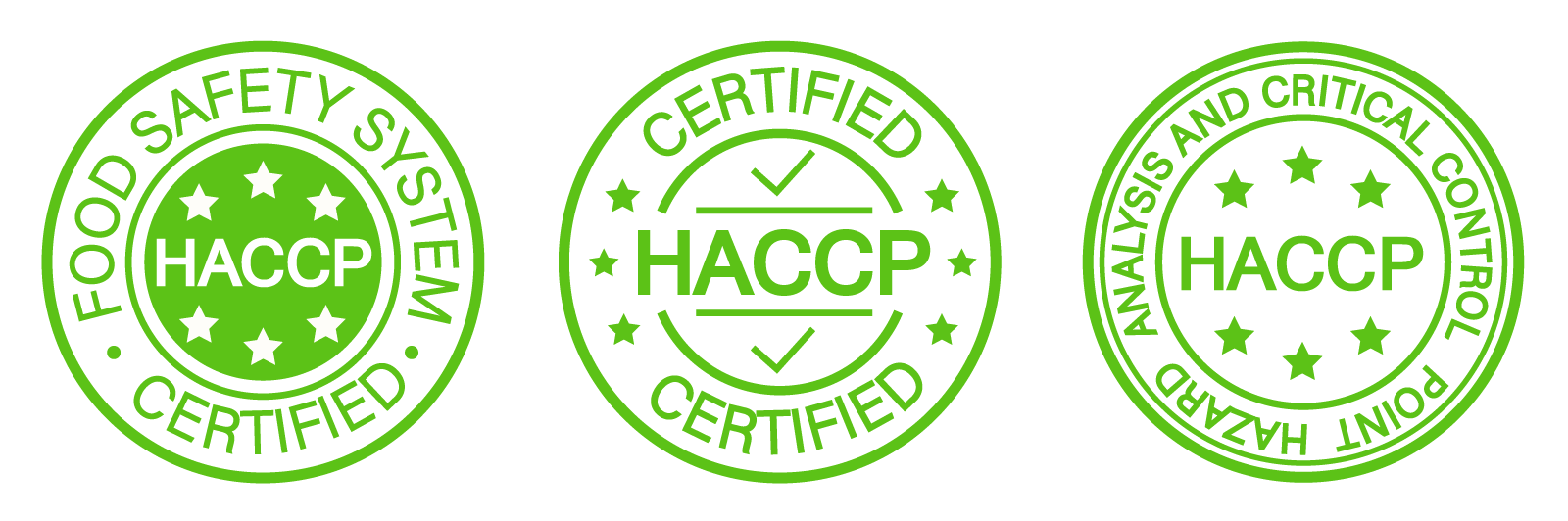 Grafika przedstawia loga systemu HACCP. W poziomie widoczne są trzy koła białe koła z zielonymi krawędziami, w które wpisane są symbole i litery w kolorze zielonym i białym. Od lewej – wpisane jest ciemnozielone koło z napisem HACCP, w poziomie, w kolorze białym i trzema białymi gwiazdkami powyżej i poniżej napisu. Dookoła biegnie napis FOOD SAFETY SYSTEM kółko CERTIFIED kółko, w kolorze zielonym. W środku wpisany jest zielony okrąg z napisem HACCP w poziomie, wychodzącym poza kontur okręgu, z symbolem ptaszka powyżej i poniżej napisu. Dookoła biegnie napis CERTIFIED trzy gwiazki CERTIFIED trzy gwiazdki, w kolorze zielonym. Po prawej wpisany jest zielony okrąg z napisem HACCP w poziomie, z trzema gwiazdkami powyżej i poniżej napisu. Dookoła biegnie napis ANALYSIS AND CRITICAL CONTROL POINT HAZARD, w kolorze zielonym.