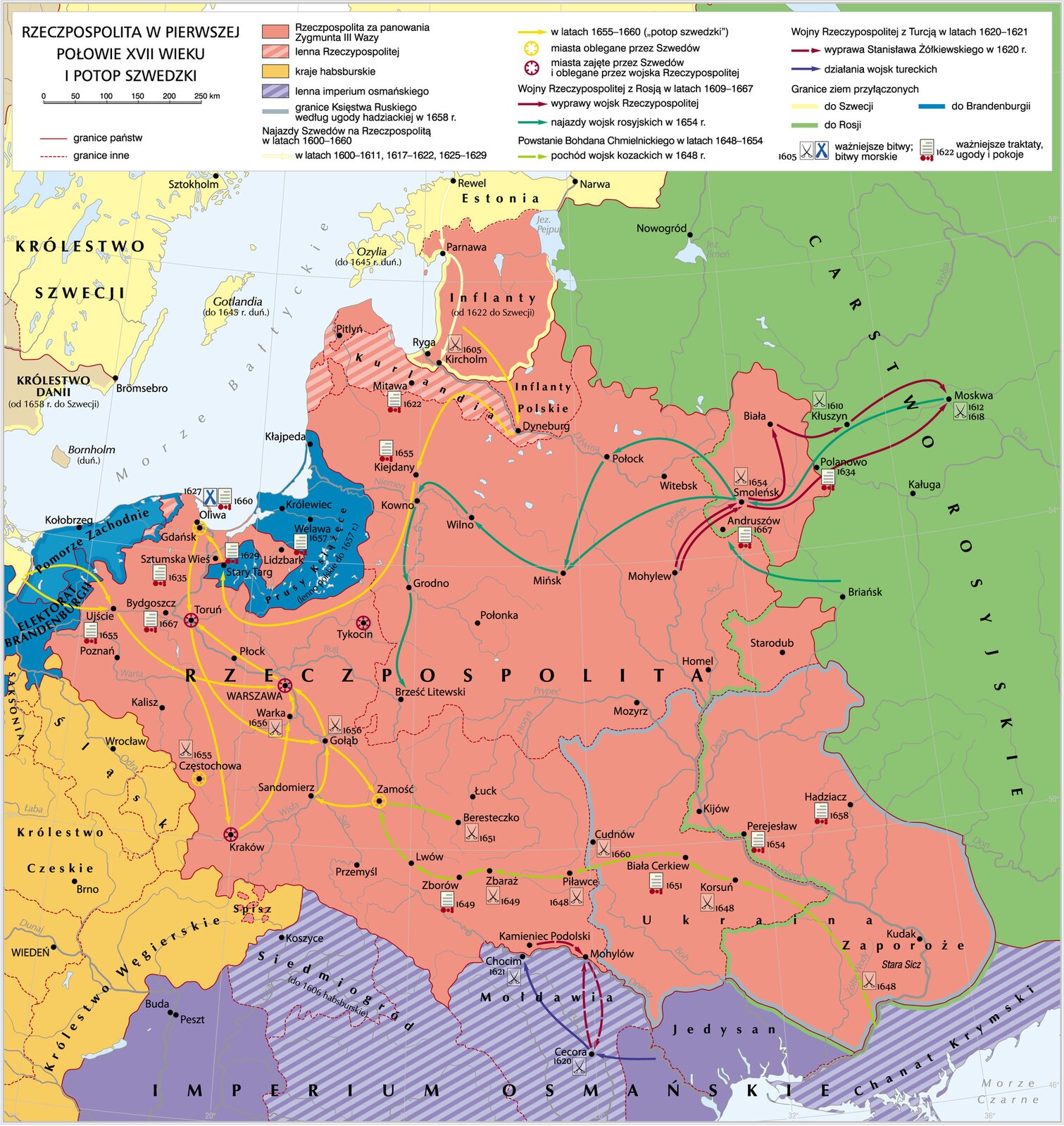 Grafika mapy przedstawiającej Rzeczpospolitą w I połowie XVII wieku i potop szwedzki.