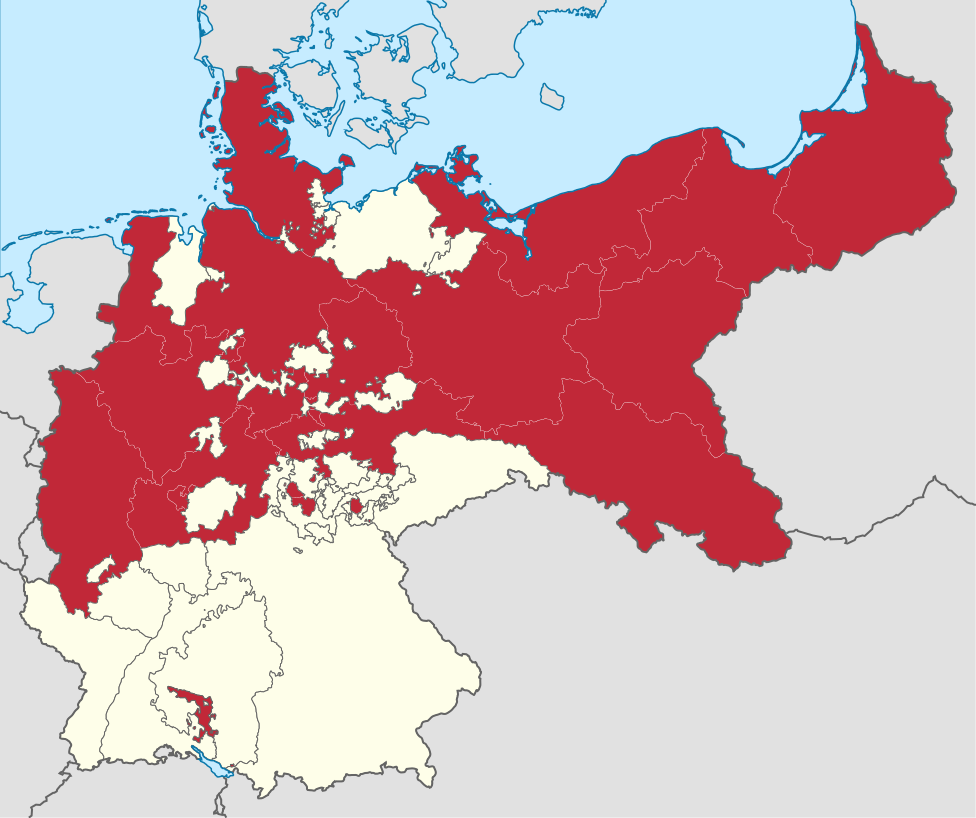 Mapa Europy ukazująca obszar Prus (dzisiejsze Niemcy środkowe) oraz obszar dzisiejszych terenów Polski: Śląska, Wielkopolski, Pomorza Zachodniego, Warmii i Mazur, aż po dzisiejszą północną Litwę i Estonię.  