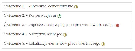 Zdjęcie przedstawia przykładowy wygląd zakładek zawierających interaktywne materiały sprawdzające. Składają się one z prostokątnych paneli umieszczonych jeden pod drugim. Każdy panel posiada numer oraz tytuł, który nawiązuje do zawartego w nim zadania.
