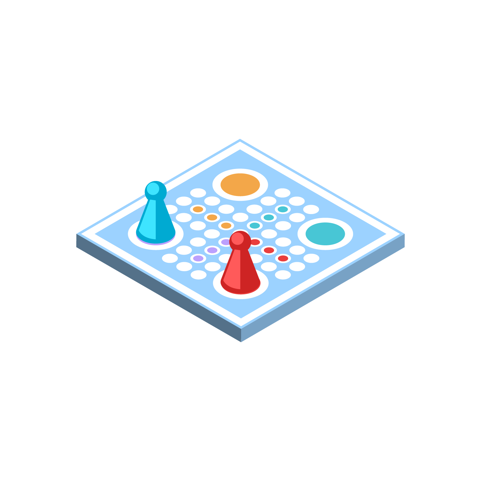 Ilustracja przedstawia kwadratową planszę do gry w chińczyka. Na rogach widoczne są pola startowe dla graczy w kształcie kolorowych kółek. Na dwóch kółkach stoją dwa pionki o różnych kolorach. Na środku planszy przecinają się mniejsze pola.