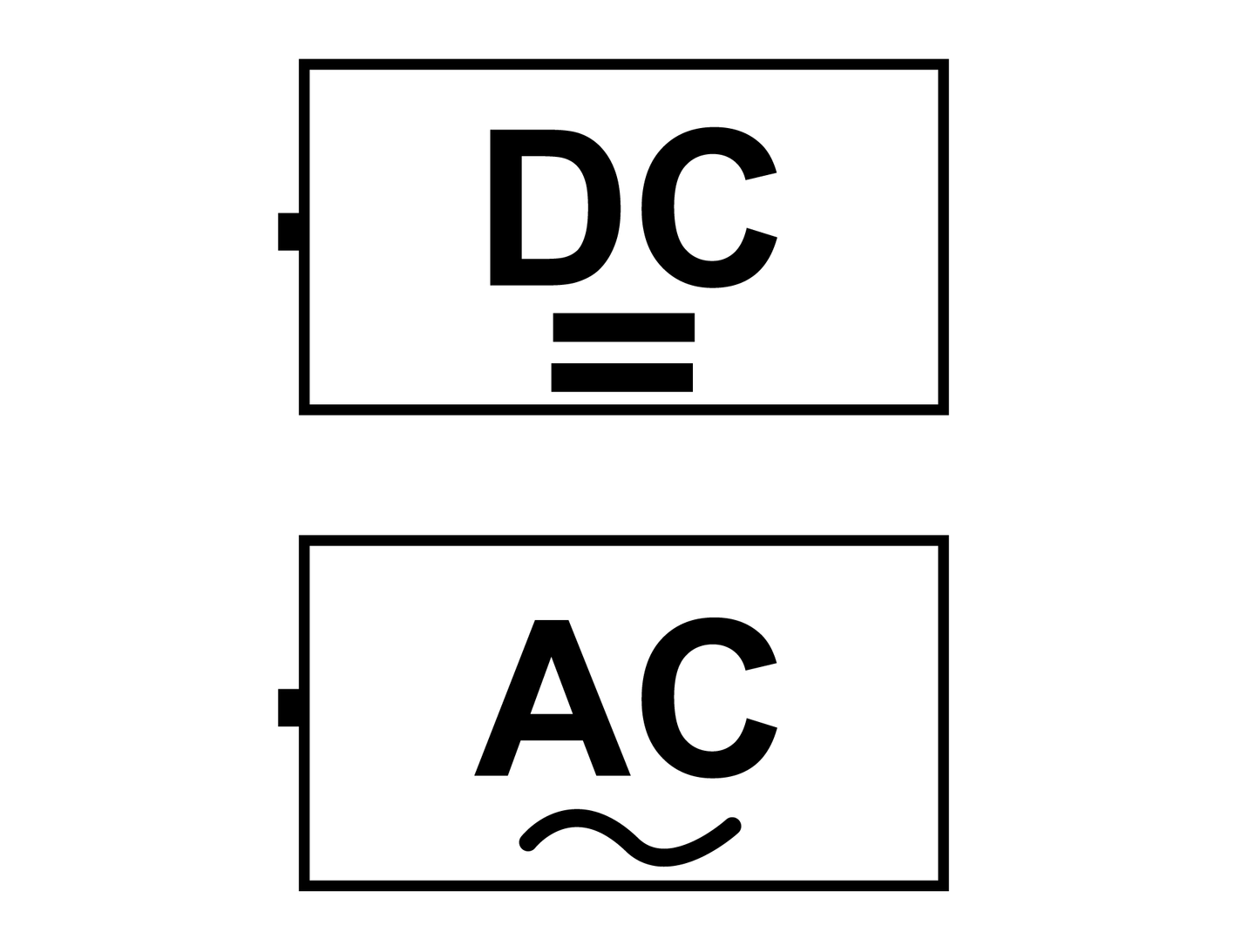 Na ilustracji przedstawiono sposoby oznaczania prądu stałego i przemiennego. Wielkie litery DC lub linia prosta to symbole prądu stałego, a wielkie litery AC lub fala przemiennego.