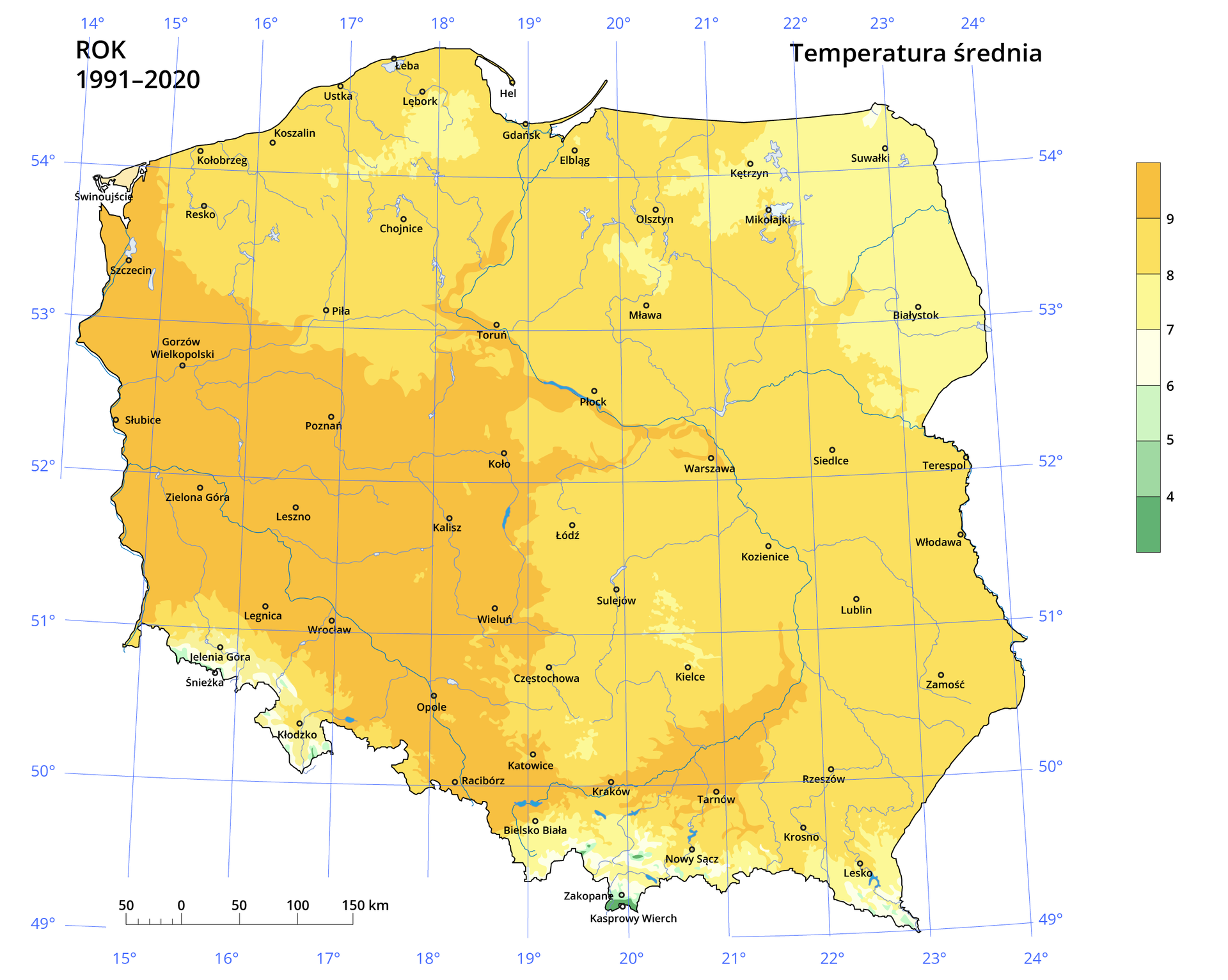 Mapa Polski pokazuje średnią roczną temperaturę powietrza w Polsce w latach 1991–2020. Południowy, niewielki kraniec Polski z Kasprowym Wierchem oraz południowo wschodni kraniec ze Śnieżką ma średnią roczną temperaturę ok. 5 stopni Celsjusza. W pasie na północnym wschodzie od Kętrzyna po Terespol średnia roczna temperatura wynosi 7 stopni Celsjusza. W kolejnym, ukośnie przebiegającym pasie od Bielska – Białej po Kołobrzeg średnia temperatura wynosi 8 stopni Celsjusza, a od centrum Polski do południowo‑zachodniej granicy średnia roczna temperatura wynosi 9 stopni Celsjusza. Tylko obszar sąsiadujący z Jelenią Górą i Kłodzkiem ma średnią roczną temperaturę od 7 do 8 stopni Celsjusza. 