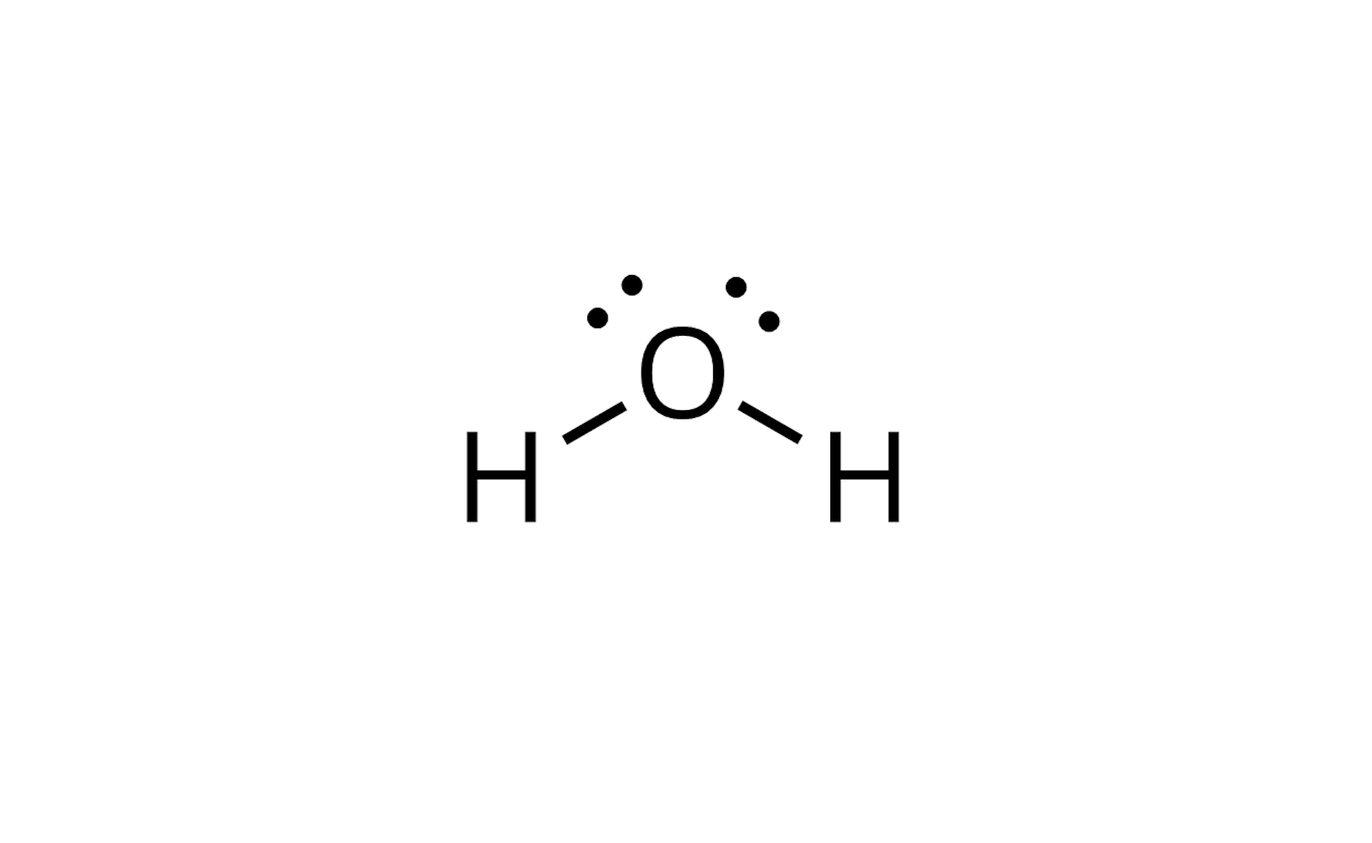 Ilustracja przedstawiająca cząsteczkę wody zbudowaną z atomu tlenu O  posiadającego dwie wolne pary elektronowe zaznaczone w postaci dwóch par kropek. Atom ten połączony jest z dwoma atomami wodoru H po przeciwległej stronie względem par elektronowych. Pomiędzy atomami znajduje się kąt rozwarty wynoszący 104,45 stopnia.