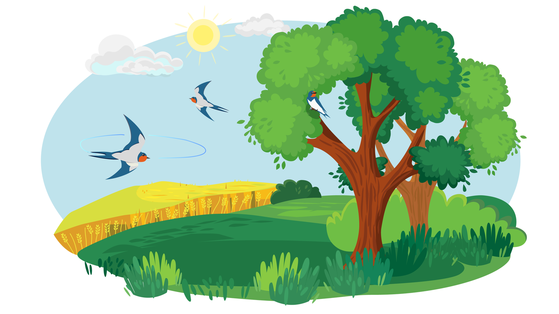 Ilustracja przedstawia krajobraz wiejski. W tle widać błękitne niebo ze słońcem i jasnymi chmurami. Po niebie lecą dwa ptaki. Mają one czerwone upierzenie z przodu głowy, białe na brzuchu i granatowe na grzbiecie i skrzydłach. Są to jaskółki dymówki. Po prawej stronie rosną dwa duże drzewa liściaste. Na jednym z nich siedzi kolejna jaskółka. Dookoła rozciąga się teren porośnięty zieloną trawą. Po lewej stronie widać fragment pola, na którym rośnie żółte zboże.